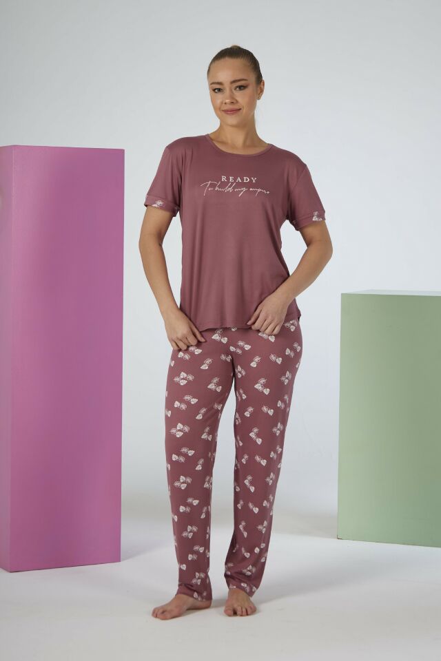Estiva Kadın Yaprak Alt Desenli Kısa Kollu Soft Pijama Takımı 2XL - Pudra