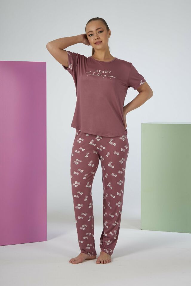 Estiva Kadın Yaprak Alt Desenli Kısa Kollu Soft Pijama Takımı 2XL - Pudra