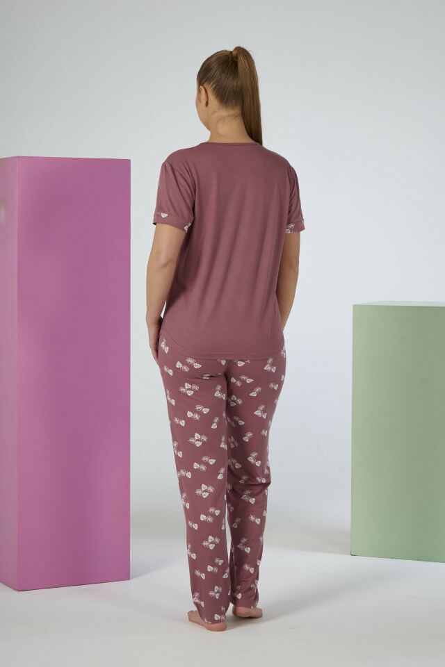 Estiva Kadın Yaprak Alt Desenli Kısa Kollu Soft Pijama Takımı 2XL - Pudra