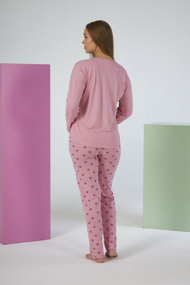 Kadın Yazlık Yıldız Desenli Uzun Kollu Viskon Pijama Takımı M - Pembe