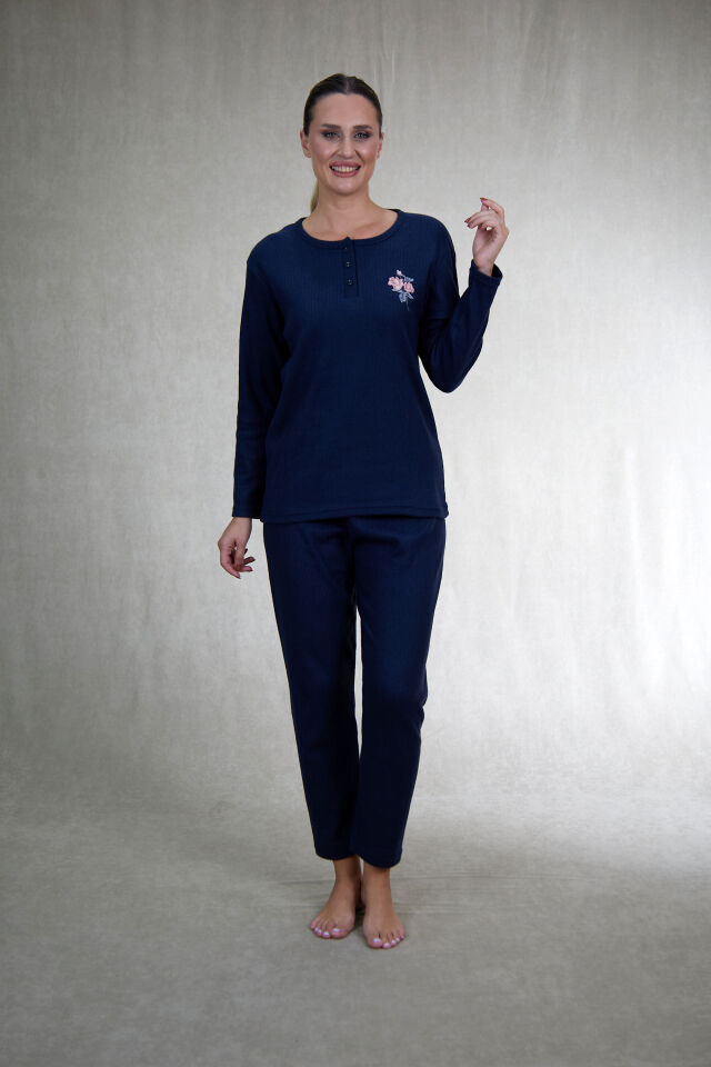 Estiva Kadın Nakış İşlemeli Patlı İnterlok Şardonlu Pijama Takımı Lacivert - XL
