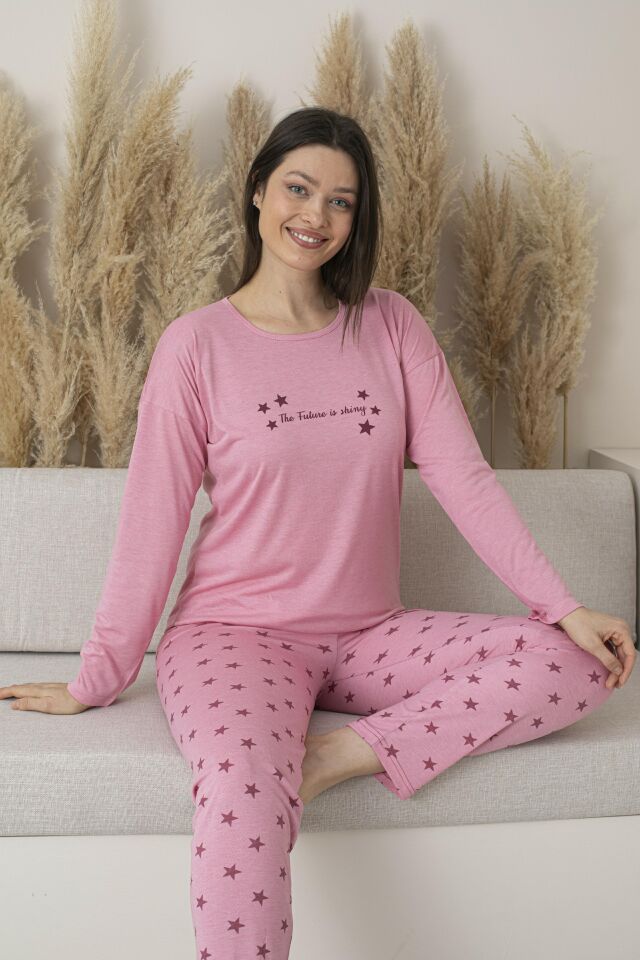 Kadın Yazlık Yıldız Desenli Uzun Kollu Viskon Pijama Takımı L - Pembe