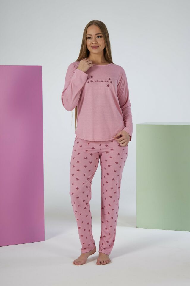 Kadın Yazlık Yıldız Desenli Uzun Kollu Viskon Pijama Takımı L - Pembe