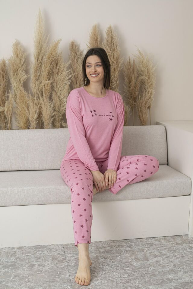 Kadın Yazlık Yıldız Desenli Uzun Kollu Viskon Pijama Takımı L - Pembe