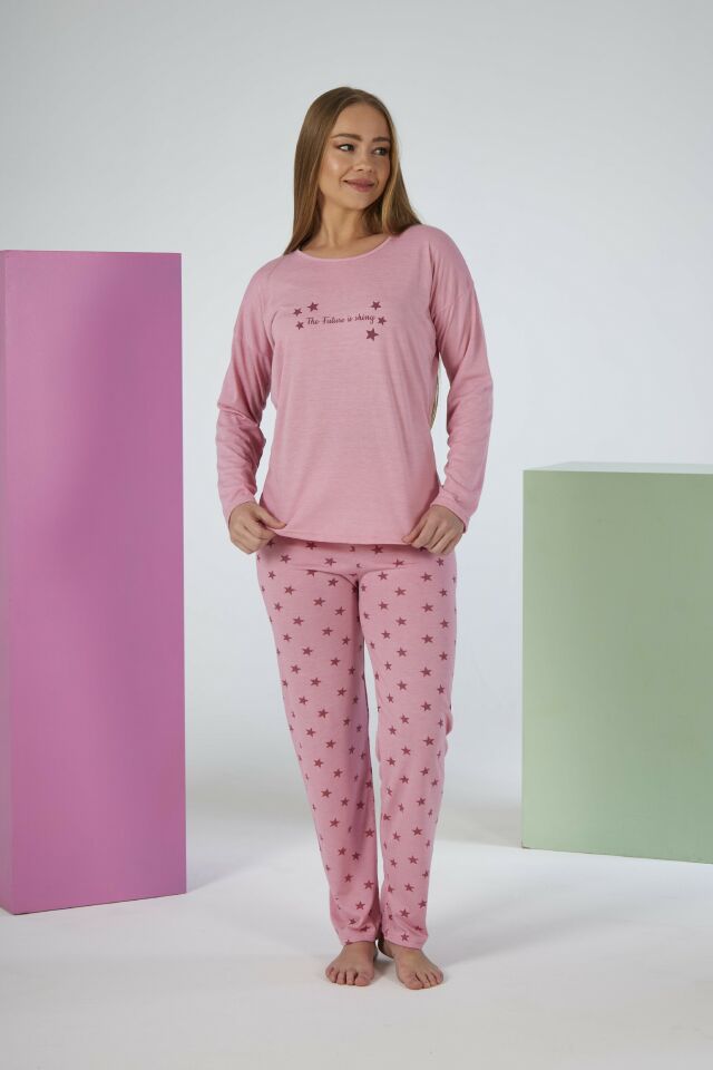 Kadın Yazlık Yıldız Desenli Uzun Kollu Viskon Pijama Takımı L - Pembe