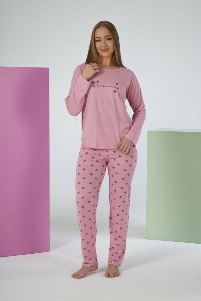 Kadın Yazlık Yıldız Desenli Uzun Kollu Viskon Pijama Takımı L - Pembe