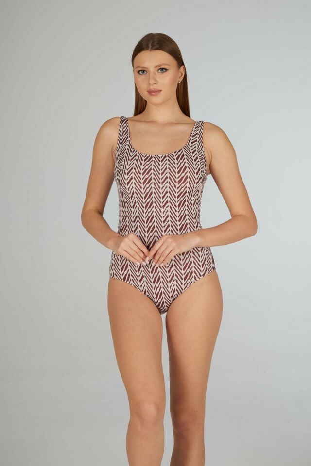 Estiva Kadın Çizgi Desenli Kahverengi U Yaka Emprime Battal Beden Tek Parça Mayo