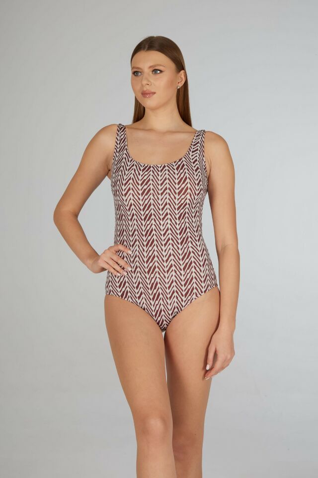 Estiva Kadın Çizgi Desenli Kahverengi U Yaka Emprime Battal Beden Tek Parça Mayo