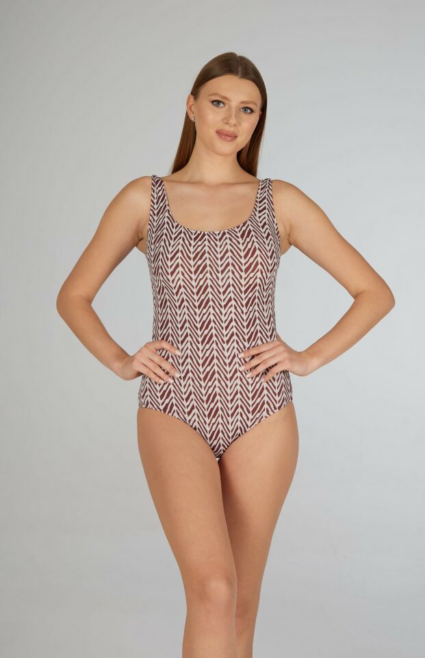 Estiva Kadın Çizgi Desenli Kahverengi U Yaka Emprime Battal Beden Tek Parça Mayo