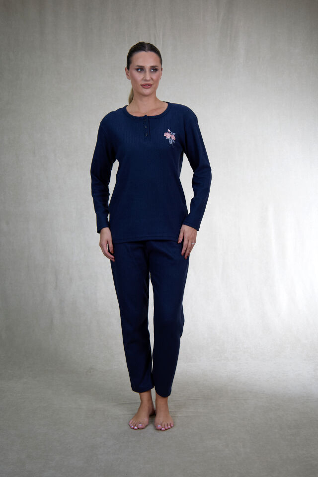 Estiva Kadın Nakış İşlemeli Patlı İnterlok Şardonlu Pijama Takımı Lacivert - 2XL