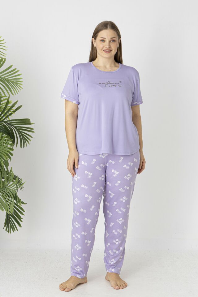 Estiva Kadın Yaprak Alt Desenli Kısa Kollu Soft Battal Pijama Takımı 3XL - Lila