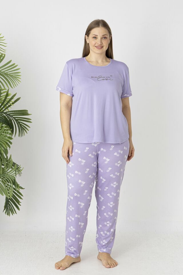 Estiva Kadın Yaprak Alt Desenli Kısa Kollu Soft Battal Pijama Takımı 3XL - Lila