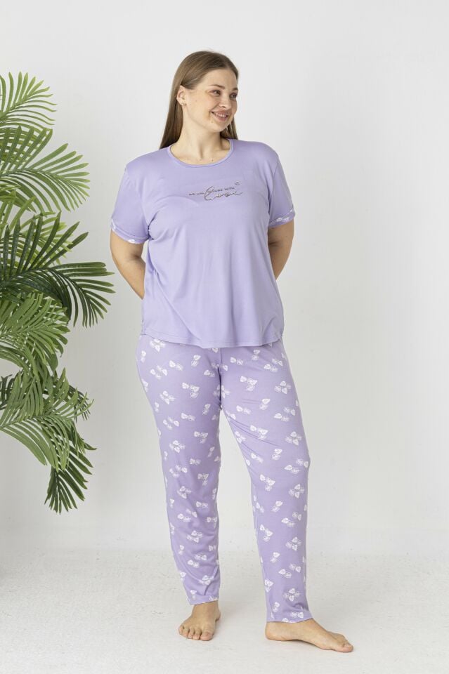 Estiva Kadın Yaprak Alt Desenli Kısa Kollu Soft Battal Pijama Takımı 3XL - Lila