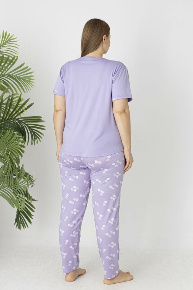 Estiva Kadın Yaprak Alt Desenli Kısa Kollu Soft Battal Pijama Takımı 3XL - Lila