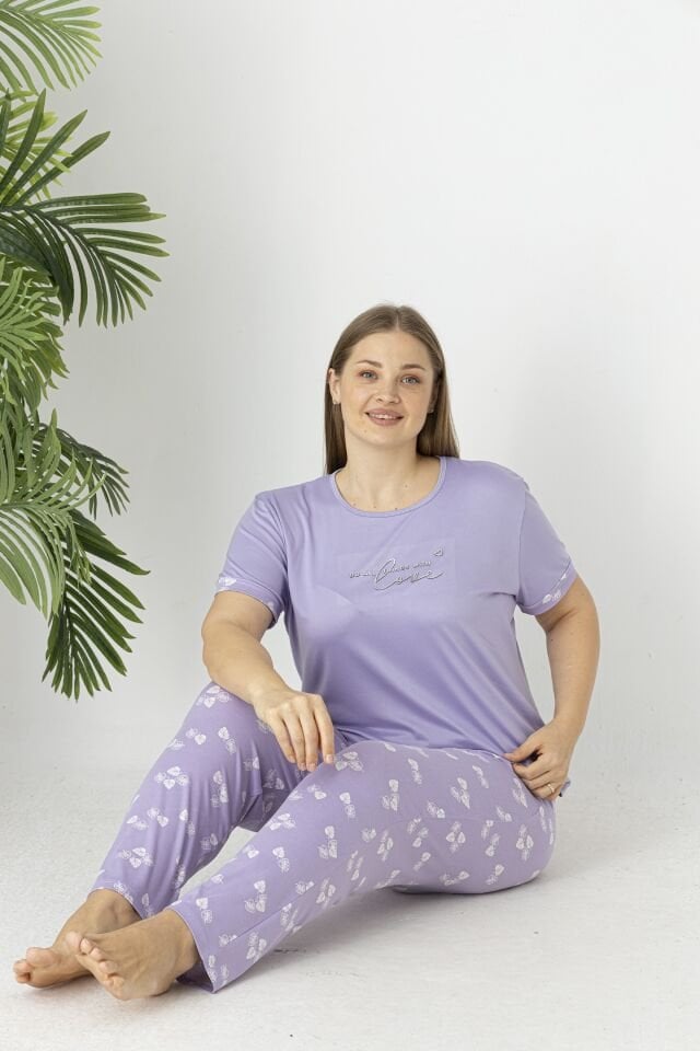 Estiva Kadın Yaprak Alt Desenli Kısa Kollu Soft Battal Pijama Takımı 3XL - Lila