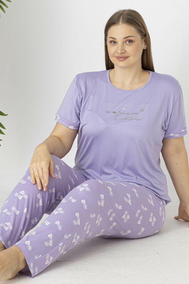Estiva Kadın Yaprak Alt Desenli Kısa Kollu Soft Battal Pijama Takımı 3XL - Lila