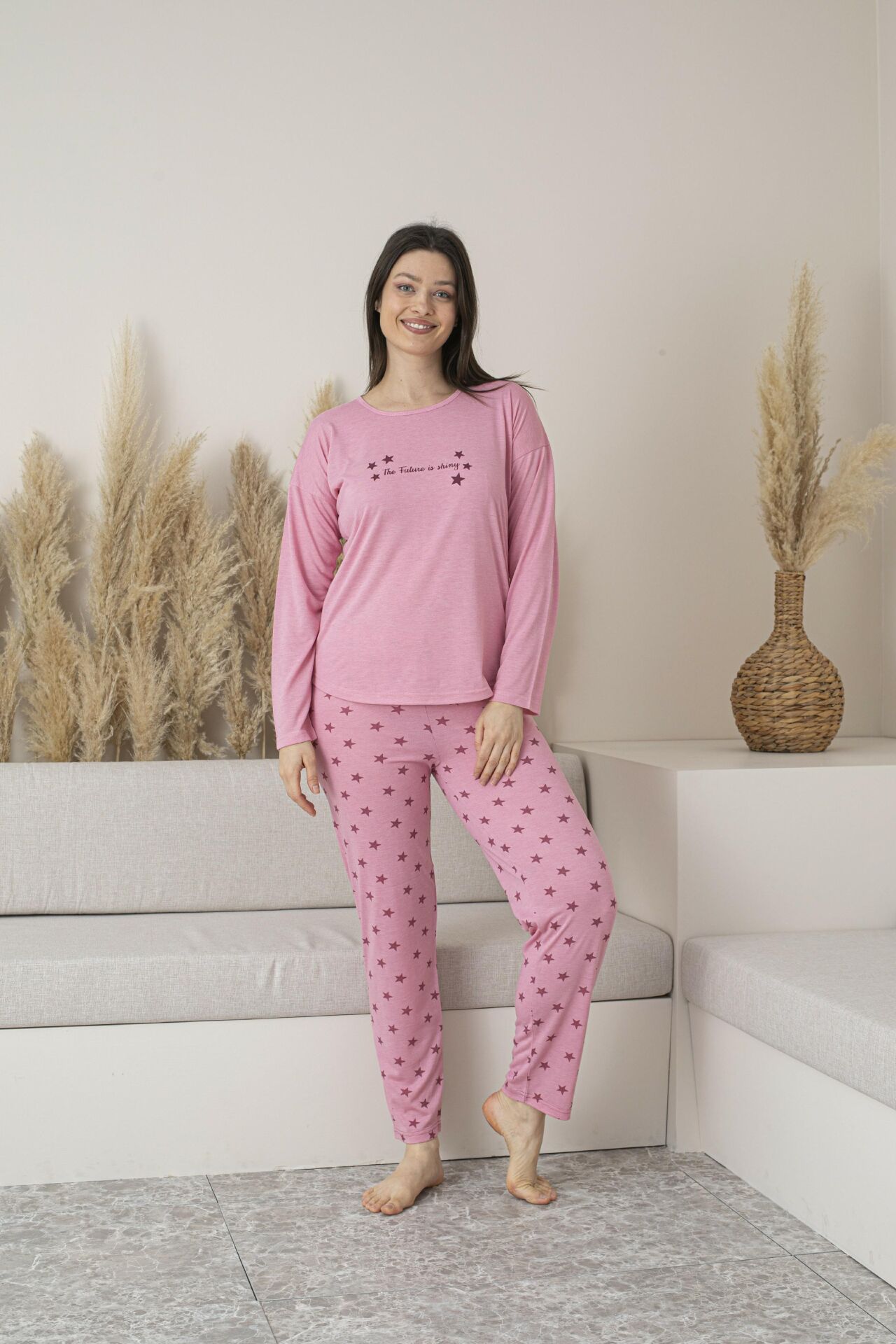 Kadın Yazlık Yıldız Desenli Uzun Kollu Viskon Pijama Takımı XL - Pembe