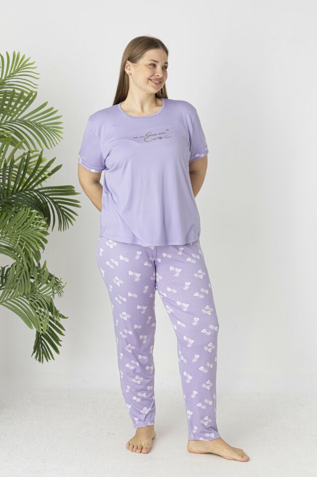 Estiva Kadın Yaprak Alt Desenli Kısa Kollu Soft Battal Pijama Takımı 4XL - Lila