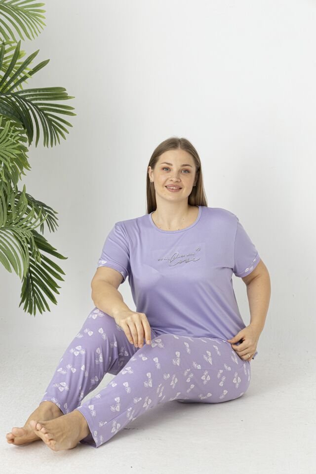 Estiva Kadın Yaprak Alt Desenli Kısa Kollu Soft Battal Pijama Takımı 4XL - Lila