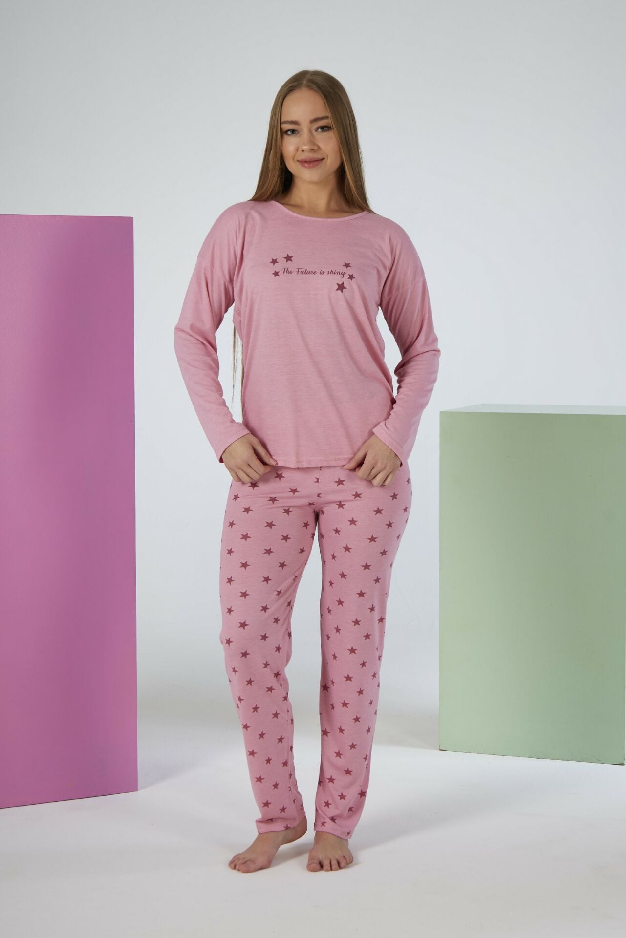 Kadın Yazlık Yıldız Desenli Uzun Kollu Viskon Pijama Takımı 2XL - Pembe