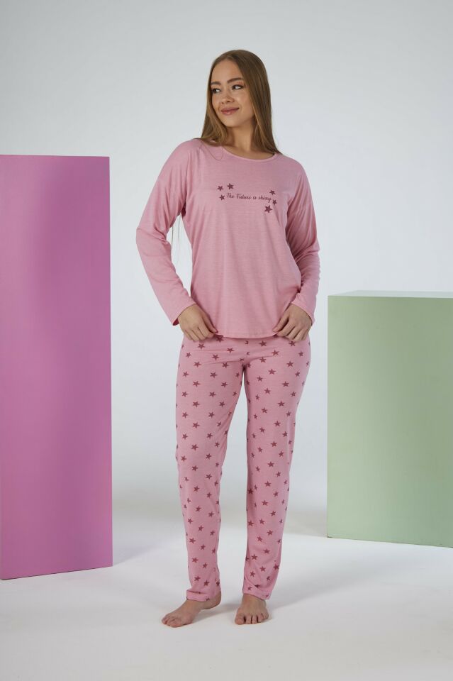 Kadın Yazlık Yıldız Desenli Uzun Kollu Viskon Pijama Takımı 2XL - Pembe