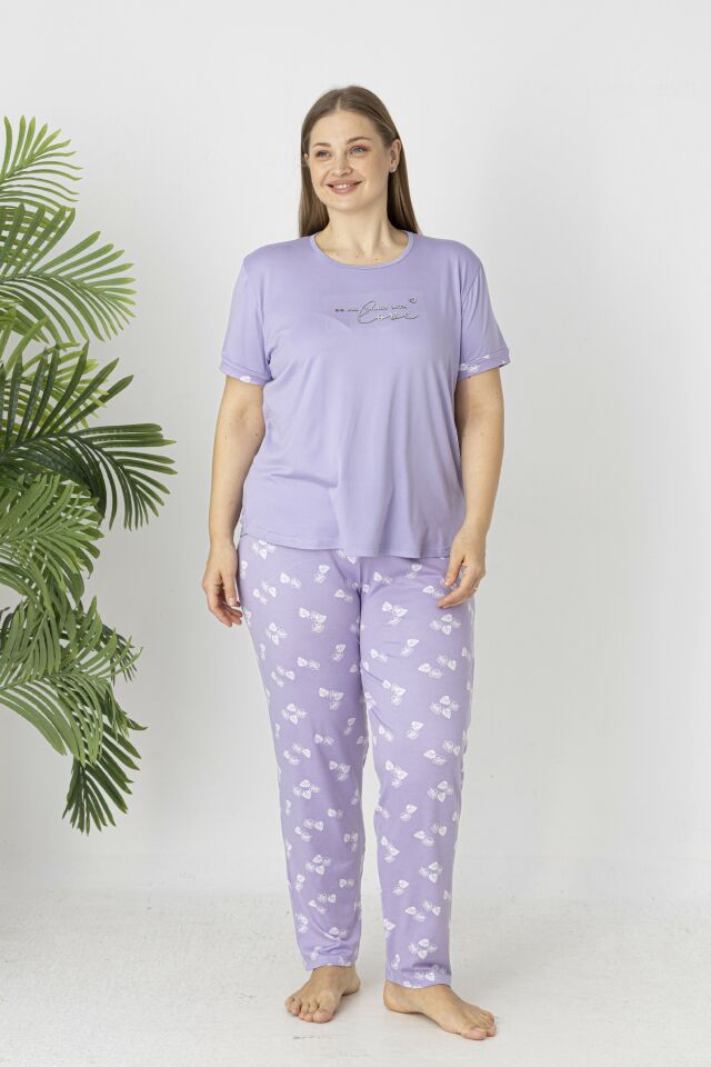 Estiva Kadın Yaprak Alt Desenli Kısa Kollu Soft Battal Pijama Takımı 5XL - Lila