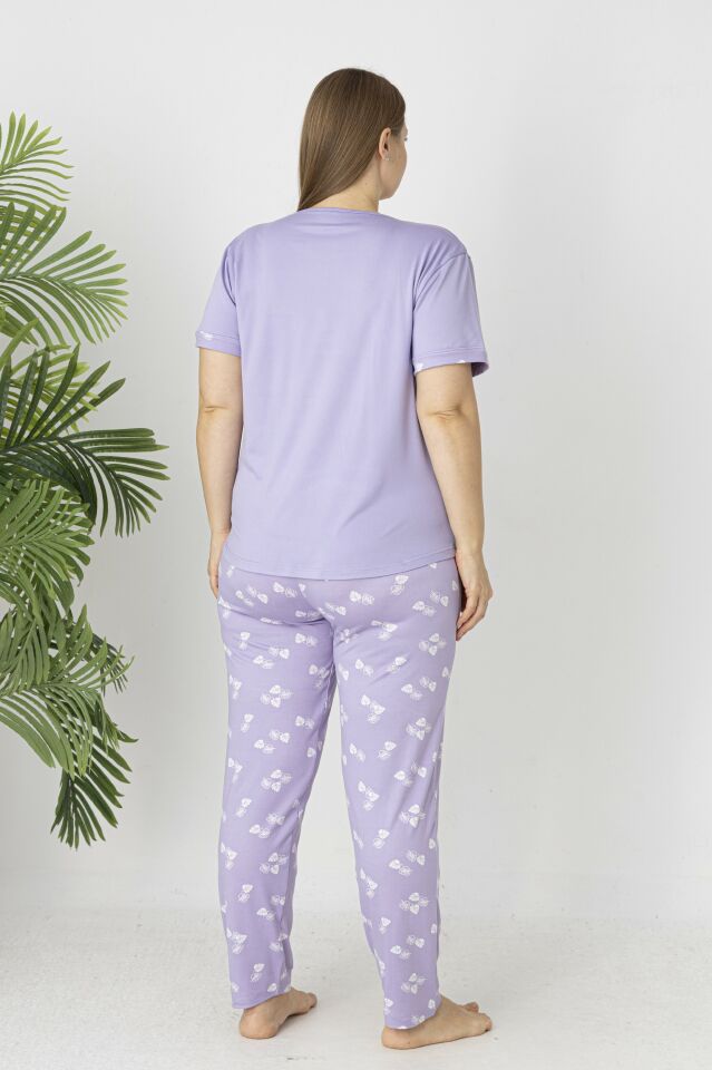 Estiva Kadın Yaprak Alt Desenli Kısa Kollu Soft Battal Pijama Takımı 5XL - Lila