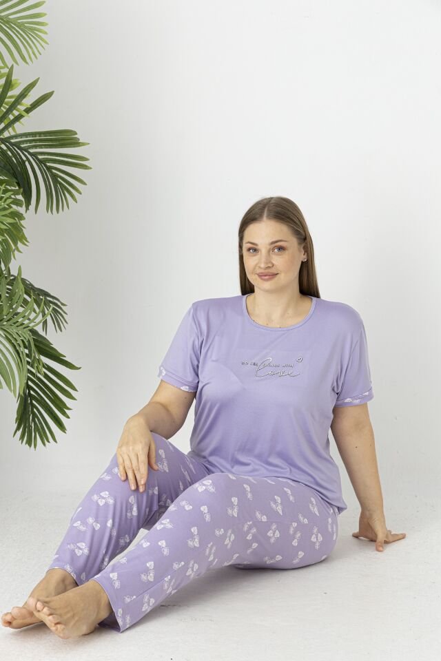 Estiva Kadın Yaprak Alt Desenli Kısa Kollu Soft Battal Pijama Takımı 5XL - Lila