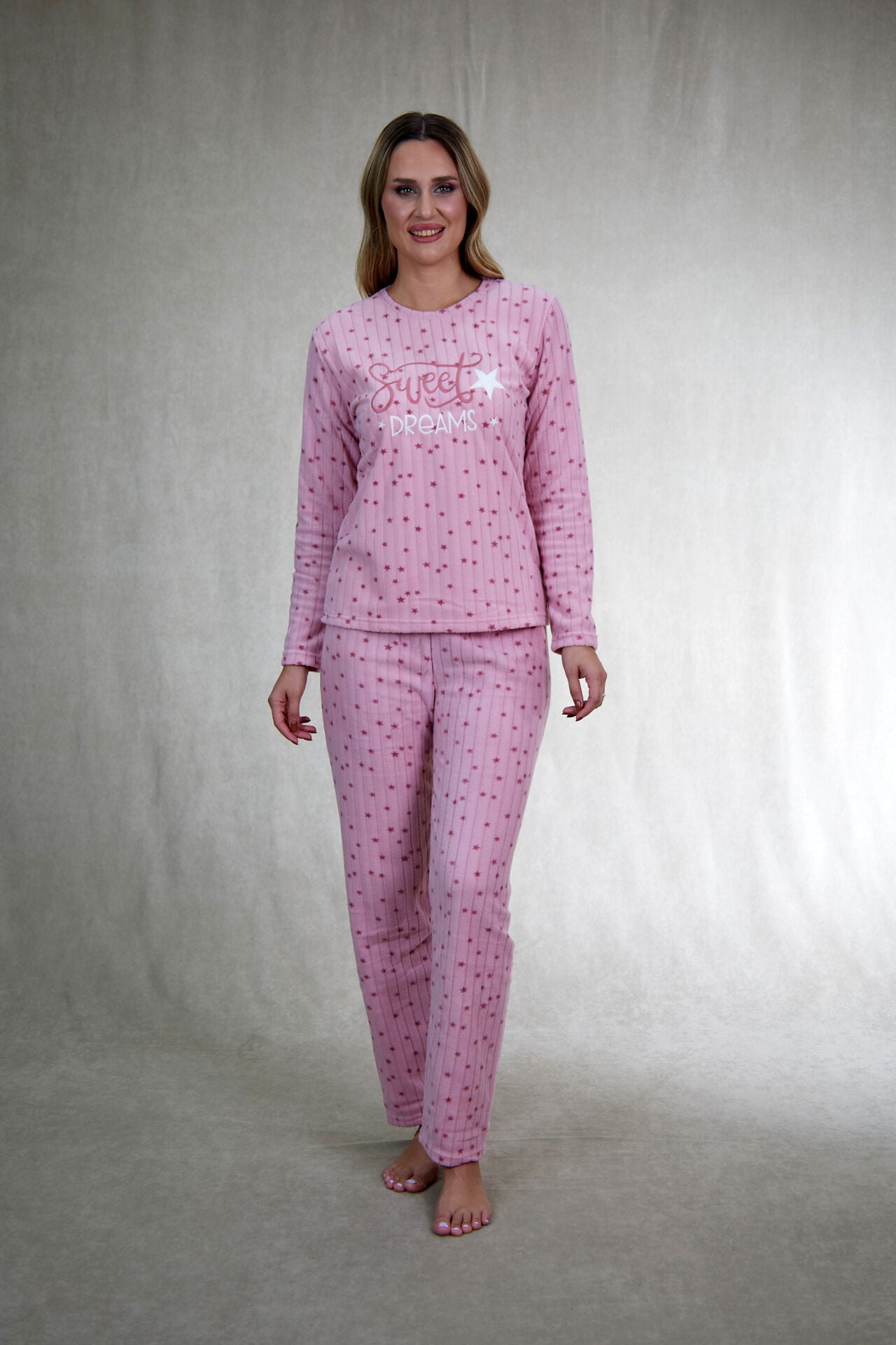 Kadın Kışlık Yıldız Desenli Fitilli Polar Pijama Takımı Pembe