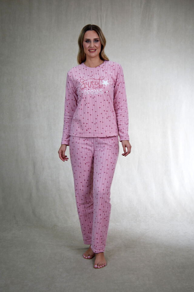 Kadın Kışlık Yıldız Desenli Fitilli Polar Pijama Takımı Pembe