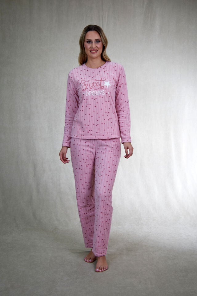 Kadın Kışlık Yıldız Desenli Fitilli Polar Pijama Takımı Pembe