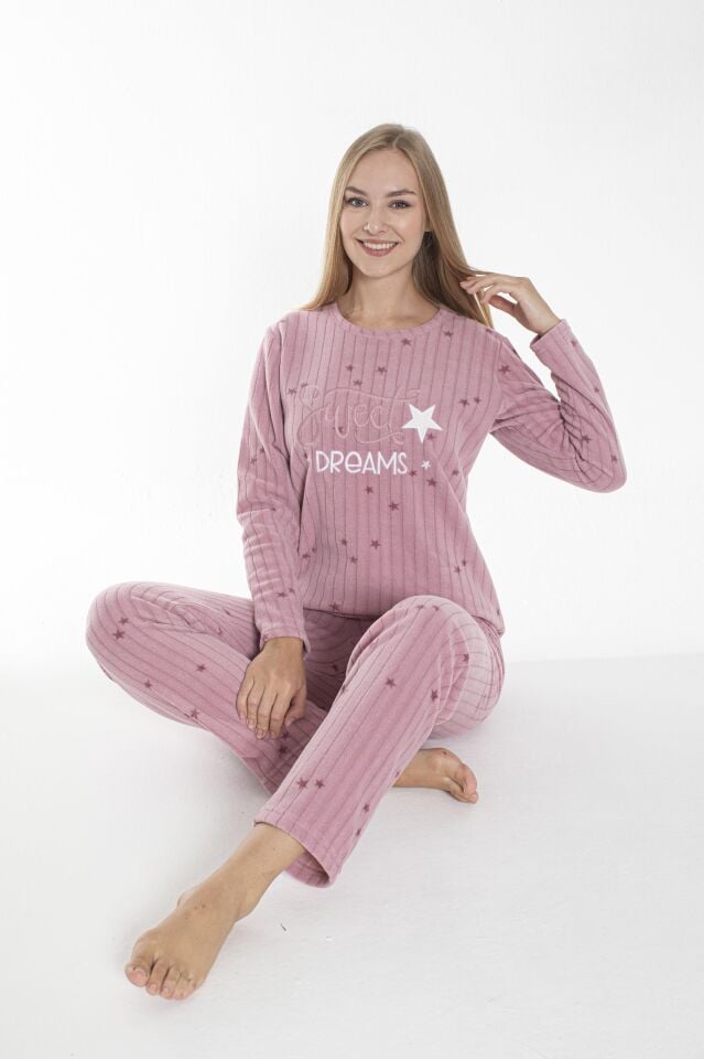 Kadın Kışlık Yıldız Desenli Fitilli Polar Pijama Takımı Pembe alternatif görsel