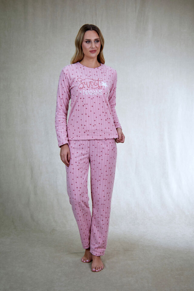 Kadın Kışlık Yıldız Desenli Fitilli Polar Pijama Takımı Pembe alternatif görsel