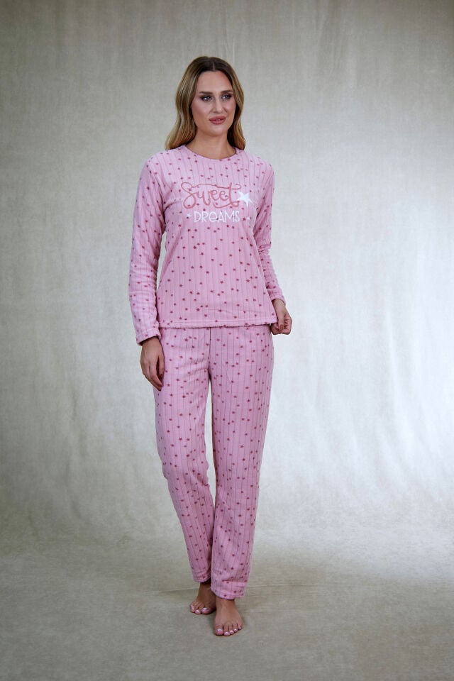 Kadın Kışlık Yıldız Desenli Fitilli Polar Pijama Takımı Pembe alternatif görsel