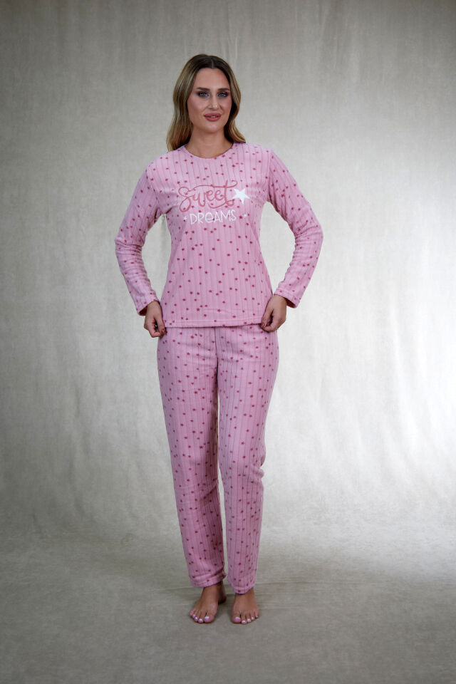 Kadın Kışlık Yıldız Desenli Fitilli Polar Pijama Takımı Pembe