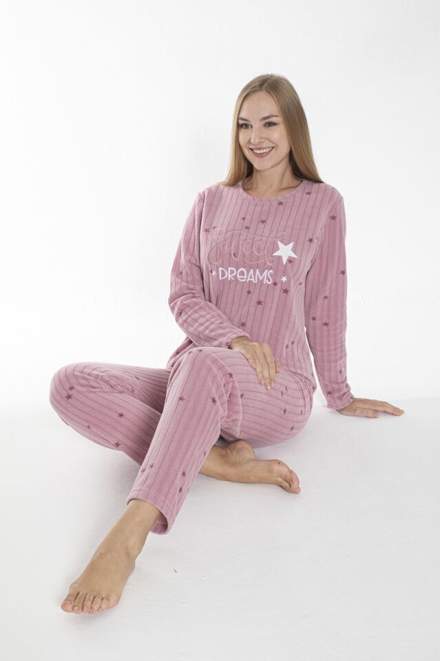 Kadın Kışlık Yıldız Desenli Fitilli Polar Pijama Takımı Pembe