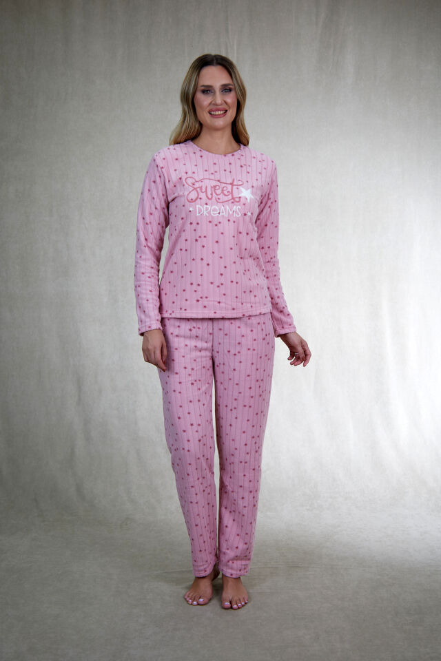 Kadın Kışlık Yıldız Desenli Fitilli Polar Pijama Takımı Pembe