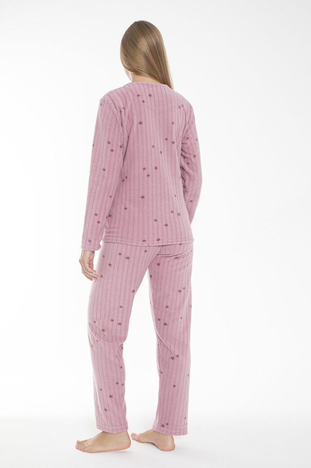 Kadın Kışlık Yıldız Desenli Fitilli Polar Pijama Takımı Pembe