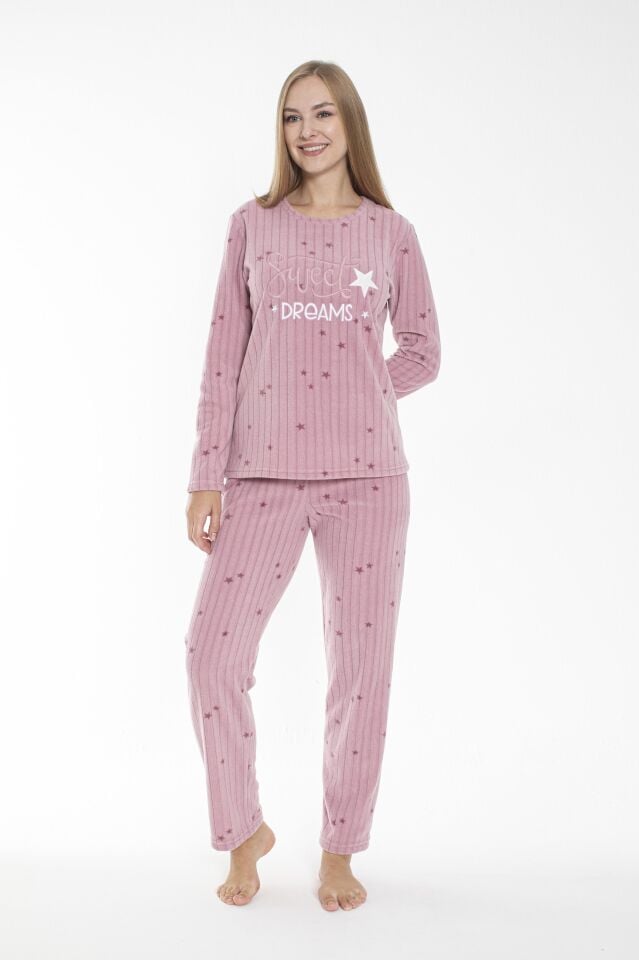 Kadın Kışlık Yıldız Desenli Fitilli Polar Pijama Takımı Pembe