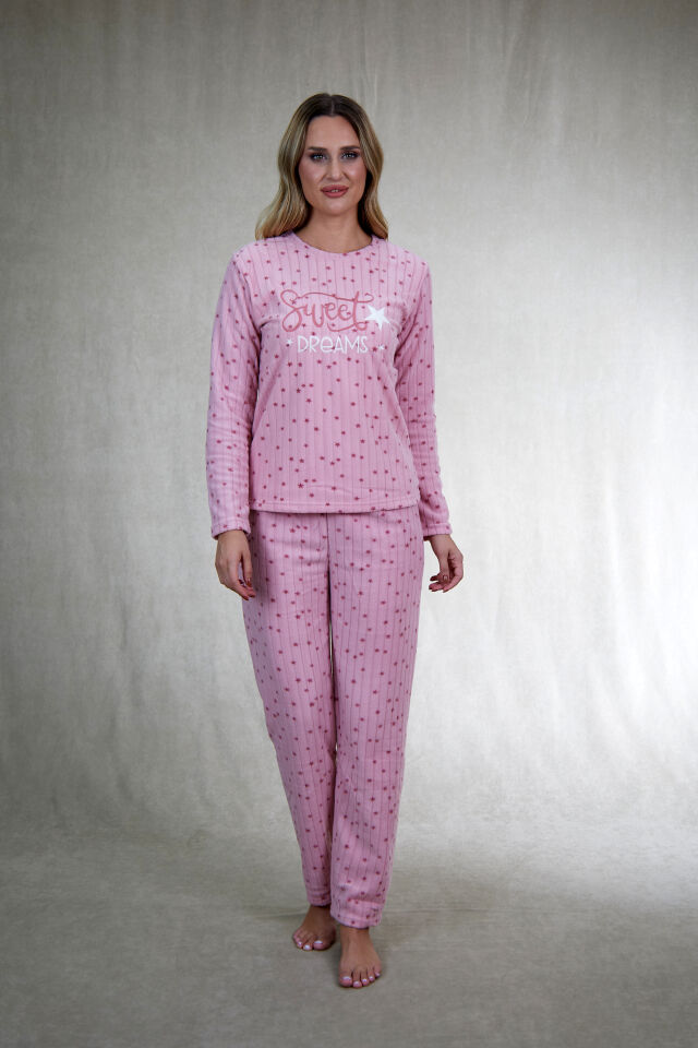 Kadın Kışlık Yıldız Desenli Fitilli Polar Pijama Takımı Pembe