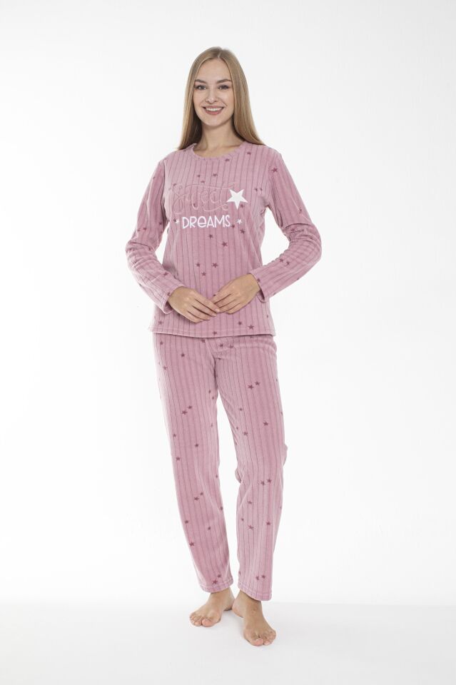 Kadın Kışlık Yıldız Desenli Fitilli Polar Pijama Takımı Pembe