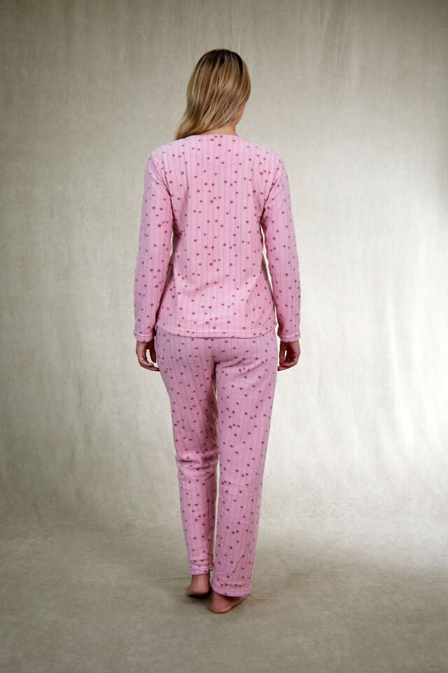 Kadın Kışlık Yıldız Desenli Fitilli Polar Pijama Takımı Pembe