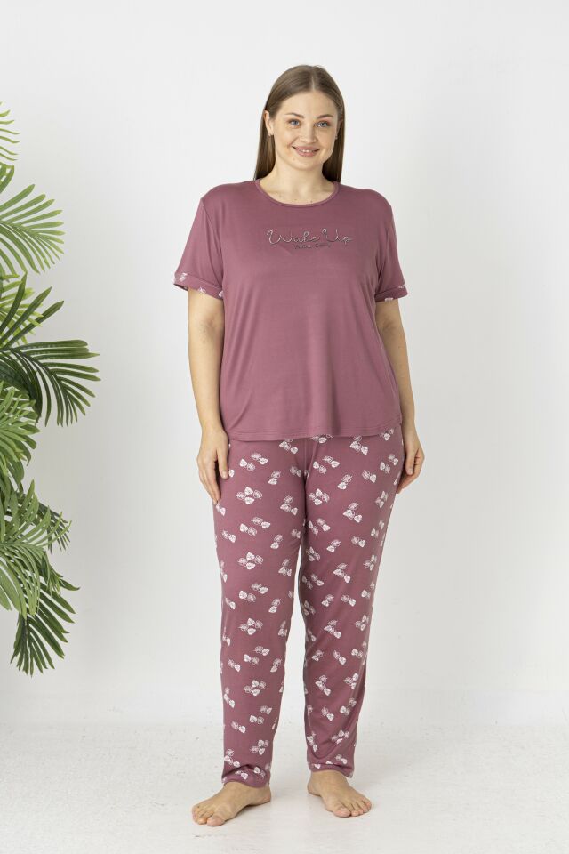 Estiva Kadın Yaprak Alt Desenli Kısa Kollu Soft Battal Pijama Takımı 3XL - Pudra