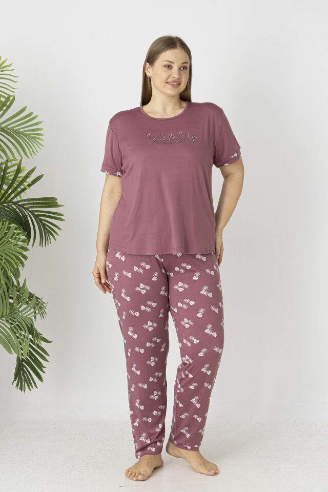 Estiva Kadın Yaprak Alt Desenli Kısa Kollu Soft Battal Pijama Takımı 4XL - Pudra
