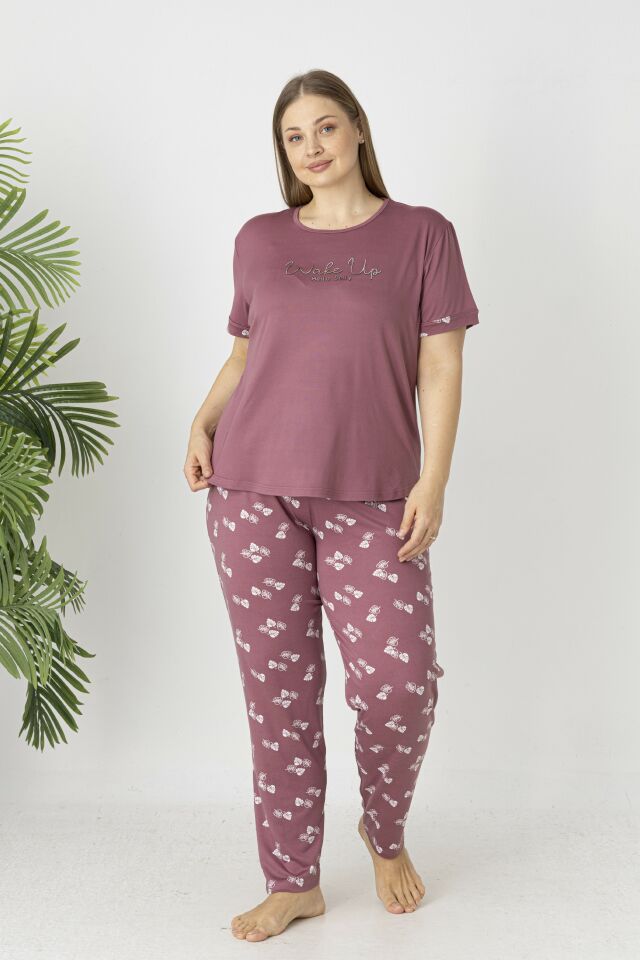 Estiva Kadın Yaprak Alt Desenli Kısa Kollu Soft Battal Pijama Takımı 4XL - Pudra