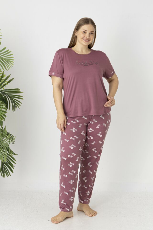 Estiva Kadın Yaprak Alt Desenli Kısa Kollu Soft Battal Pijama Takımı 4XL - Pudra