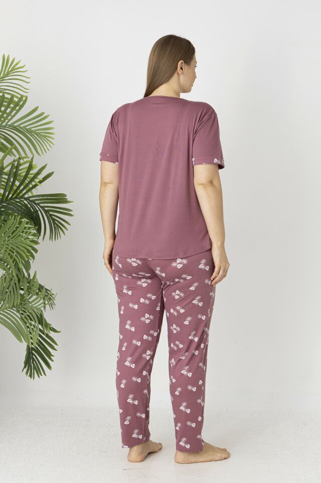 Estiva Kadın Yaprak Alt Desenli Kısa Kollu Soft Battal Pijama Takımı 4XL - Pudra