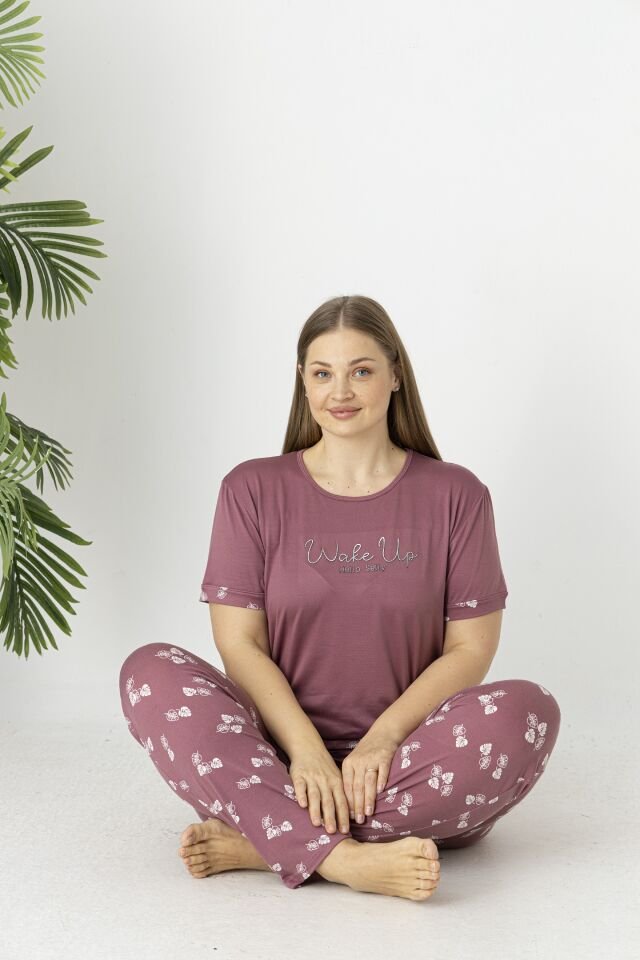 Estiva Kadın Yaprak Alt Desenli Kısa Kollu Soft Battal Pijama Takımı 4XL - Pudra