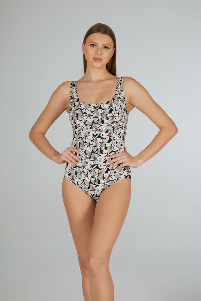 Estiva Kadın Çiçek Desenli Siyah Beyaz U Yaka Emprime Battal Beden Tek Parça Mayo