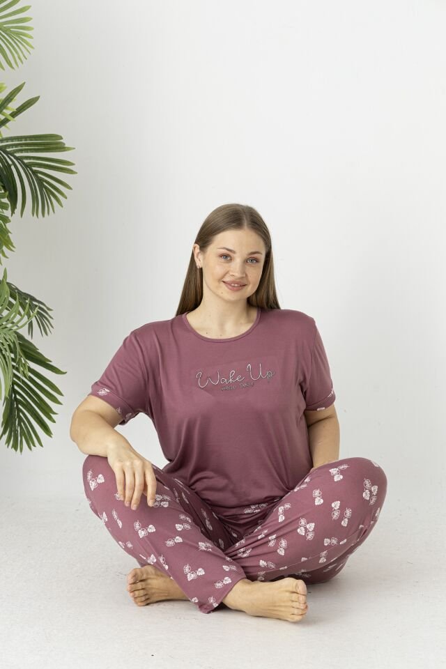 Estiva Kadın Yaprak Alt Desenli Kısa Kollu Soft Battal Pijama Takımı 5XL - Pudra